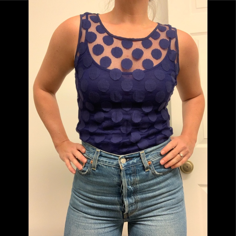 Banana Republic navy mesh sleeveless polka dot top